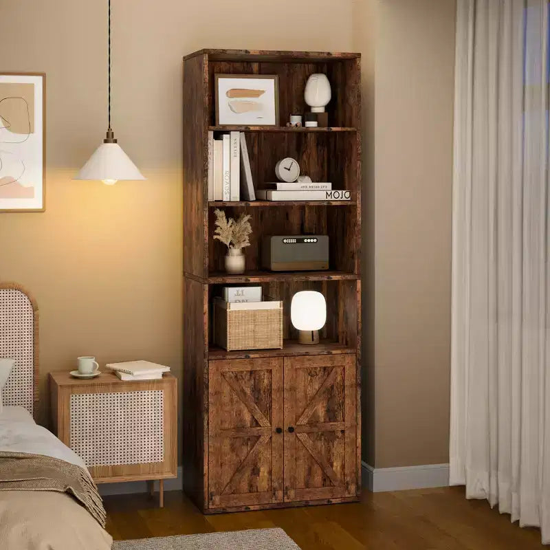 Bibliothèque de 71,4 pouces avec portes et étagères ouvertes, bibliothèque en bois autoportante à 6 niveaux pour salon, chambre, bureau