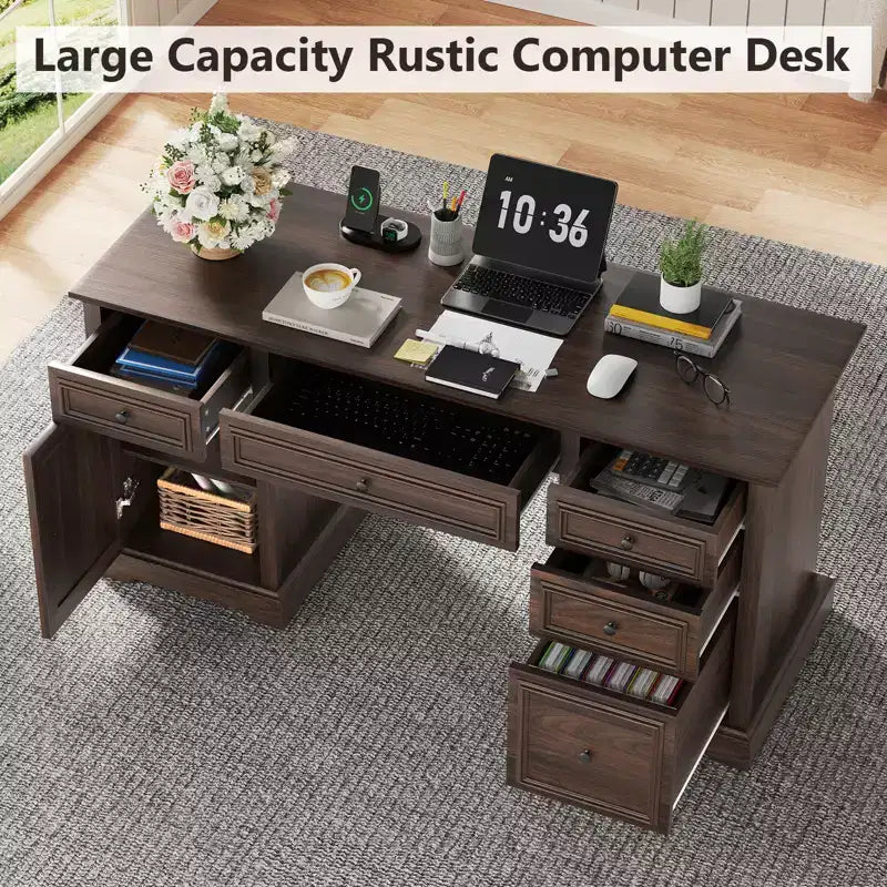 Bureau de direction de style rustique de 60 pouces avec tiroirs et classeur