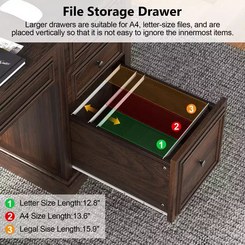 Bureau de direction de style rustique de 60 pouces avec tiroirs et classeur