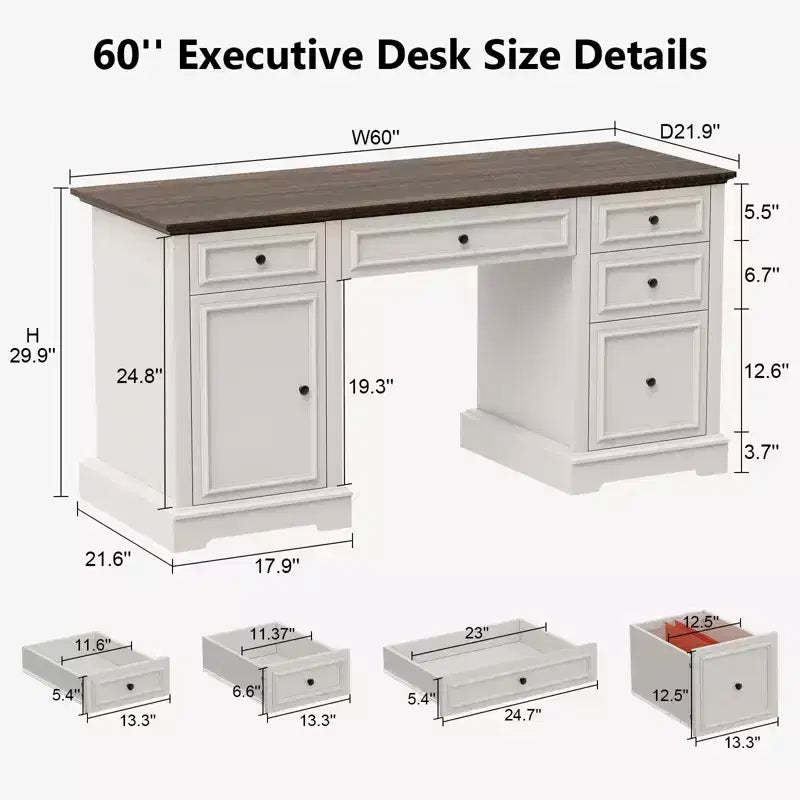 Bureau de direction de style rustique de 60 pouces avec tiroirs et classeur