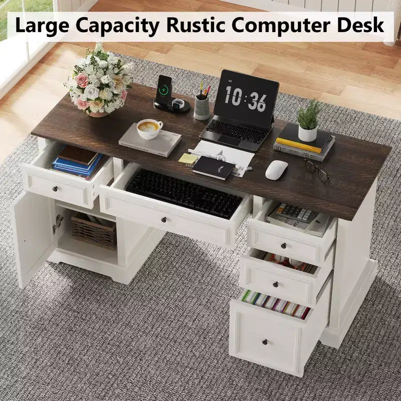 Bureau de direction de style rustique de 60 pouces avec tiroirs et classeur