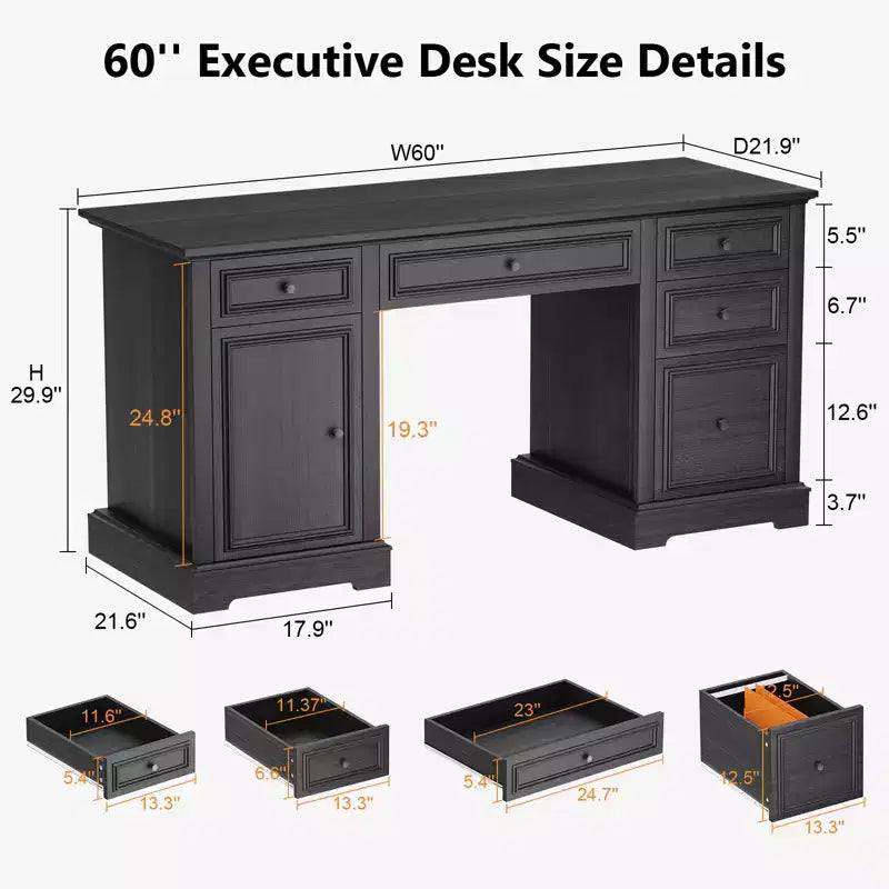 Bureau de direction de style rustique de 60 pouces avec tiroirs et classeur
