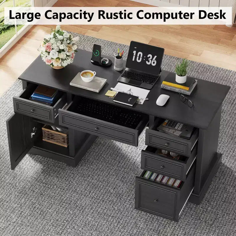 Bureau de direction de style rustique de 60 pouces avec tiroirs et classeur