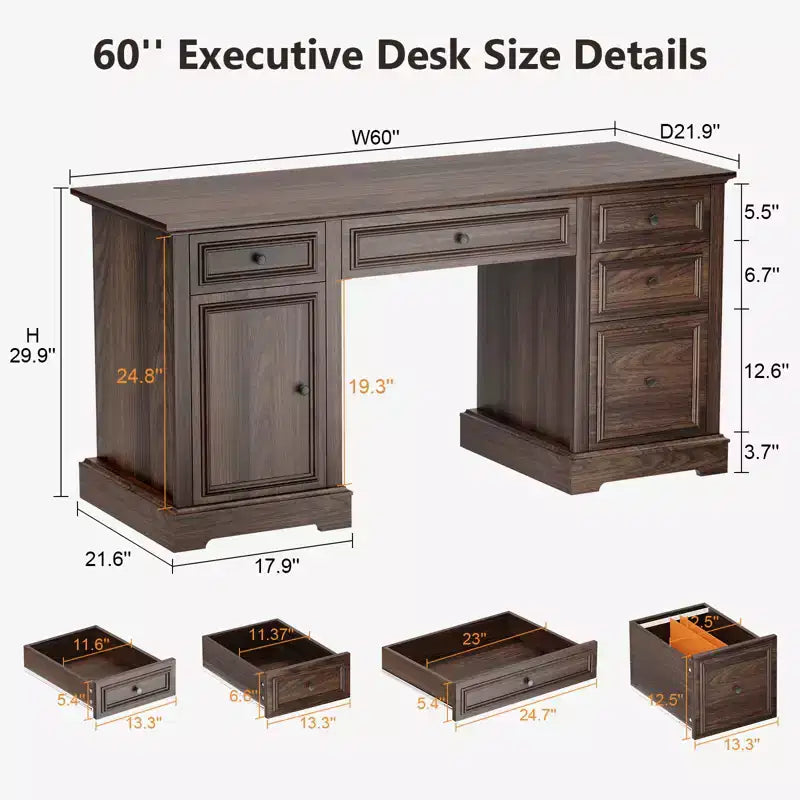Bureau de direction de style rustique de 60 pouces avec tiroirs et classeur