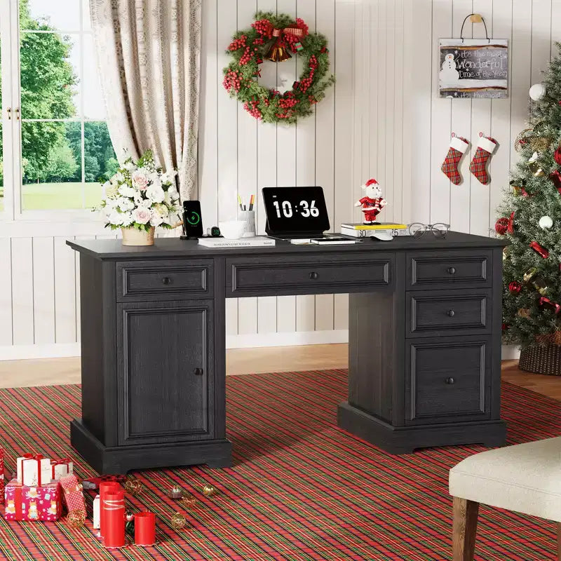 Dyonery 60 Executive Desk,Farmhouse Computer Desk with Drawers and Cabinet,Embossed Texture Home Office Desk,Workspace for Work Study Writing