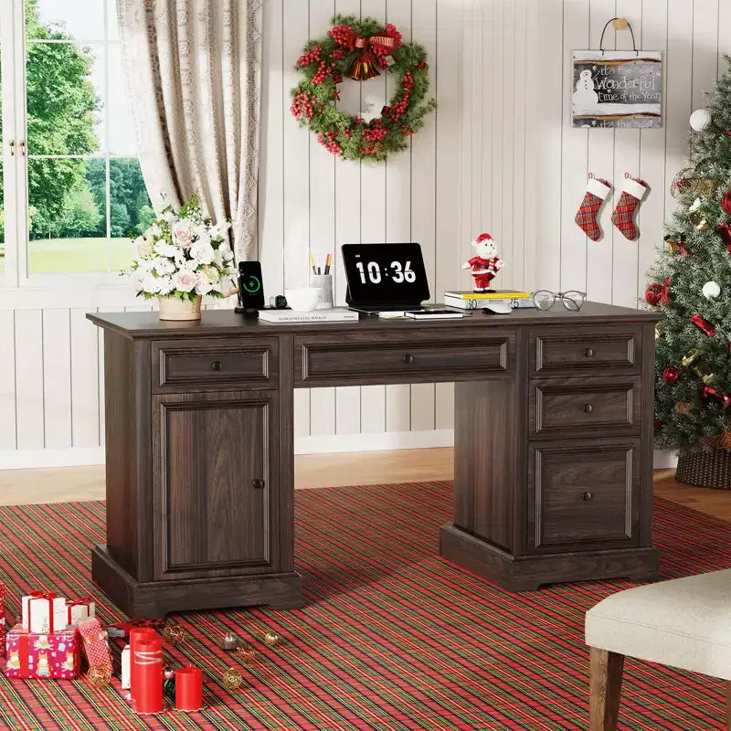 Bureau de direction de style rustique de 60 pouces avec tiroirs et classeur