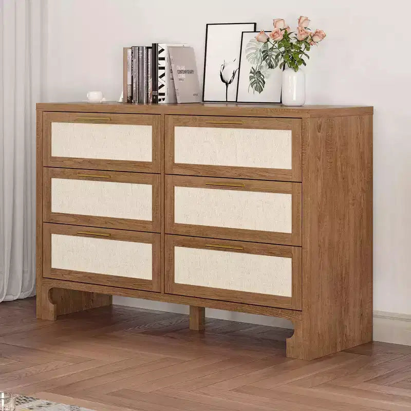 6 Drawer Double Dresser for Bedroom, Wooden Dresser Chest with Burlap Design, Classified Storage Chest of Drawers with Gold Metal Handle