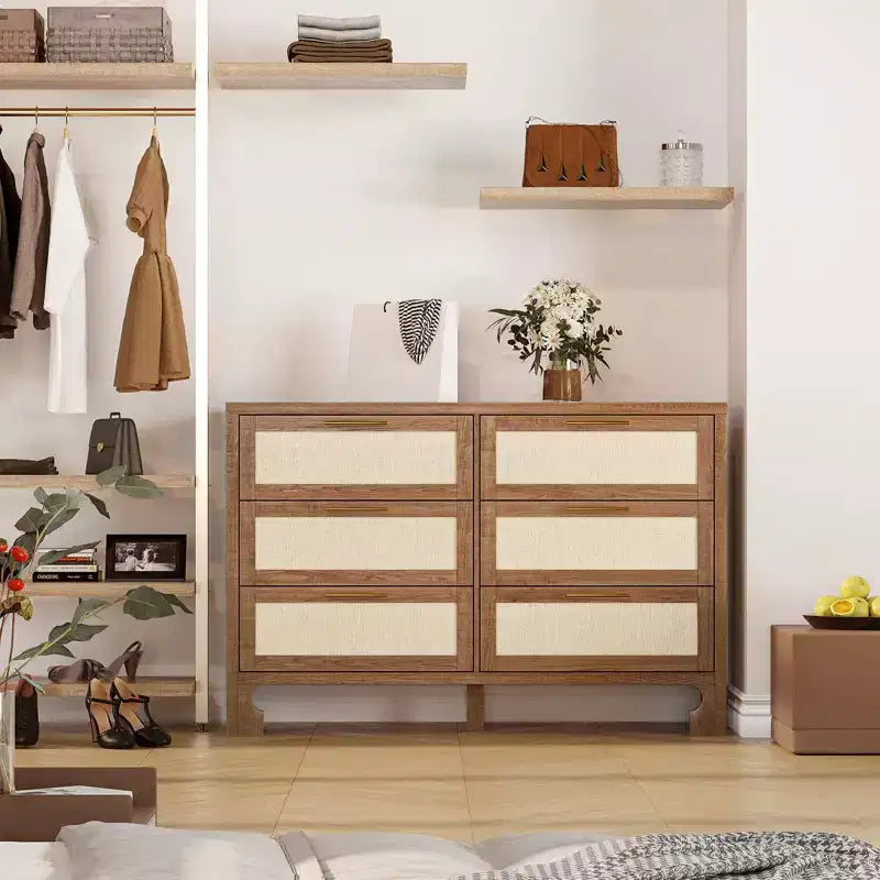 Commode double à 6 tiroirs avec tiroirs en tissu toile de jute et poignées en métal doré