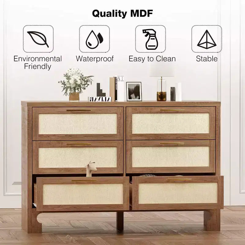 Commode double à 6 tiroirs avec tiroirs en tissu toile de jute et poignées en métal doré