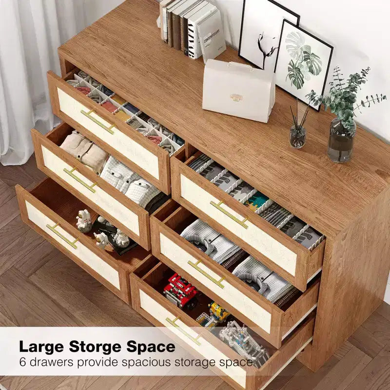 Commode double à 6 tiroirs avec tiroirs en tissu toile de jute et poignées en métal doré