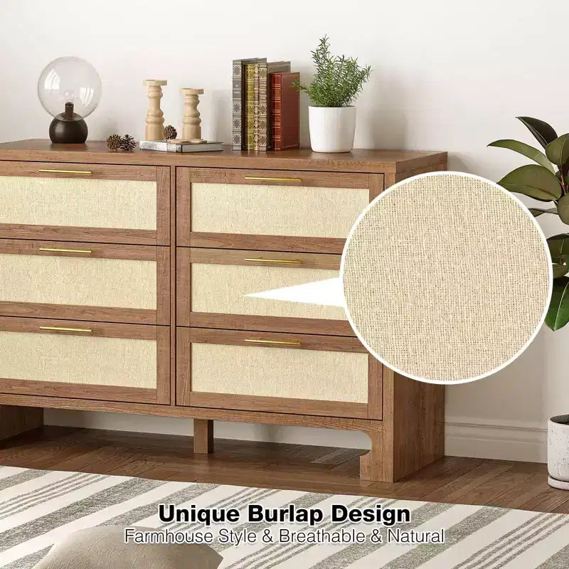 Commode double à 6 tiroirs avec tiroirs en tissu toile de jute et poignées en métal doré