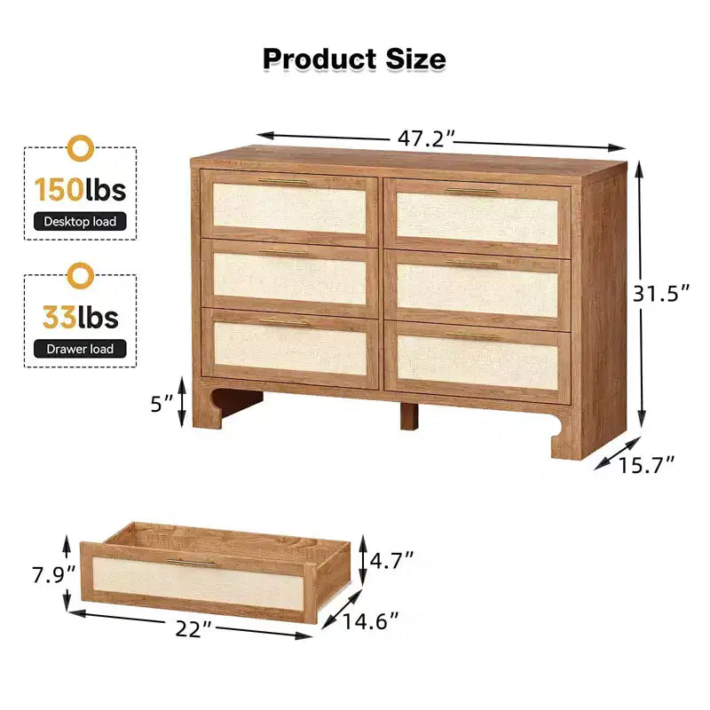 Commode double à 6 tiroirs avec tiroirs en tissu toile de jute et poignées en métal doré