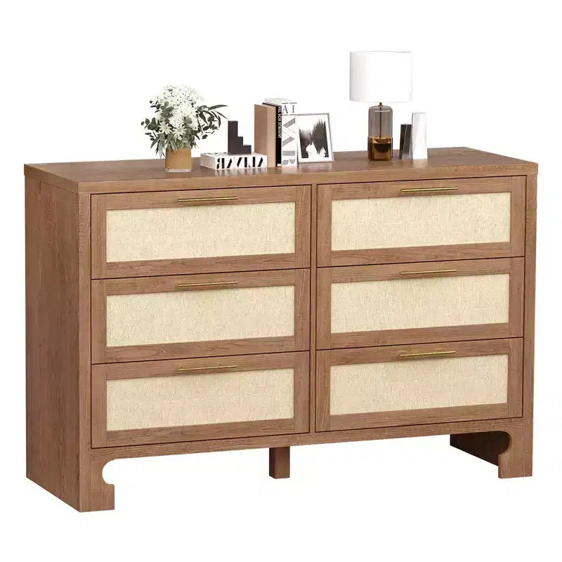 Commode double à 6 tiroirs avec tiroirs en tissu toile de jute et poignées en métal doré