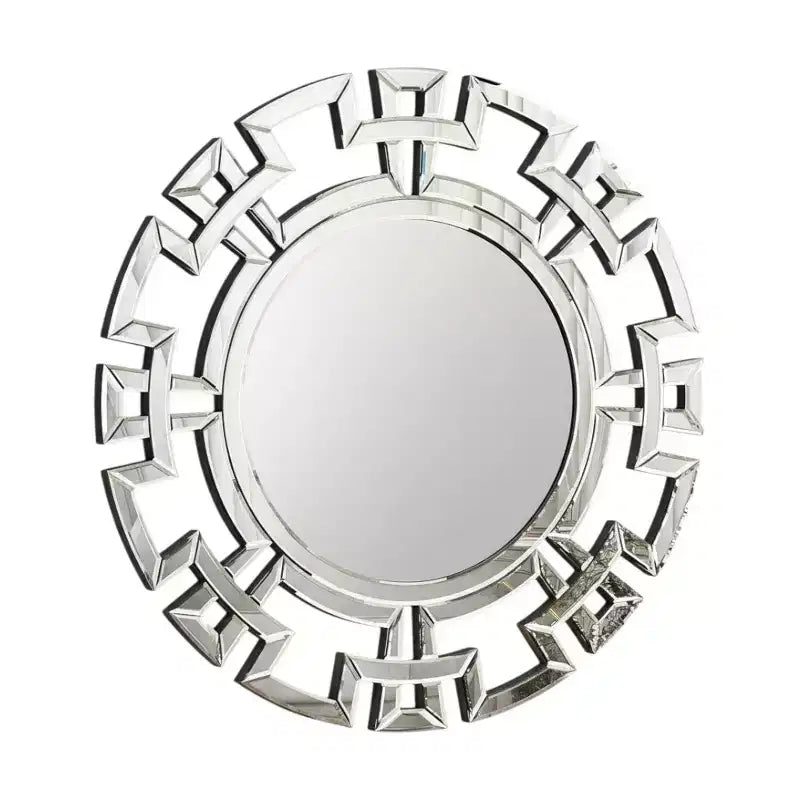 HomeRoots 32 Silver Glass Round Art Deco Geo Framed Accent Mirror