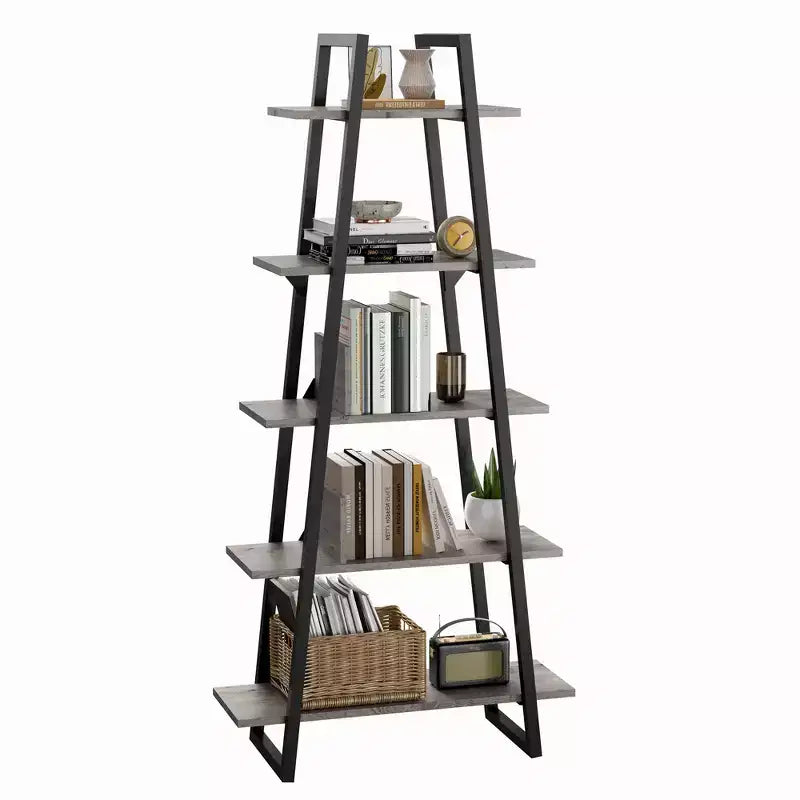 5 Tier Ladder Bookshelf, Retro Floor Standing Bookcase with Shelves, Tall Book Storage Rack for CDs Movies Books, Narrow Organizer Shelf for Bedroom