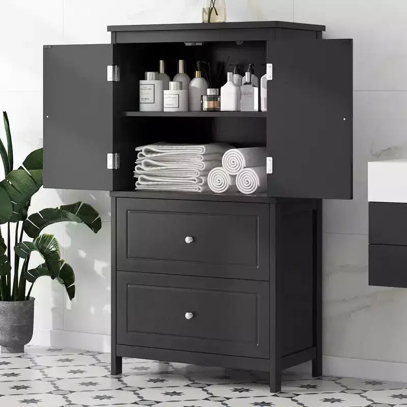 Bathroom Storage Cabinet Cabinet with Two Doors and Drawers Adjustable Shelf MDF Board Black