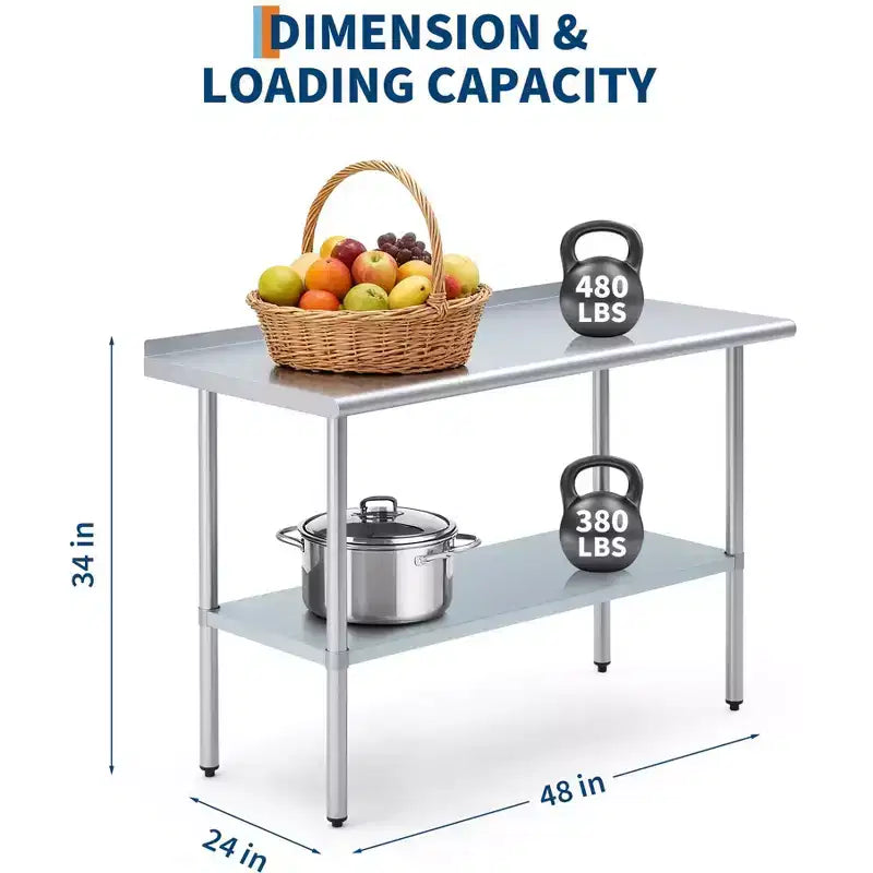 Table de travail en acier inoxydable avec crédence et étagère réglable