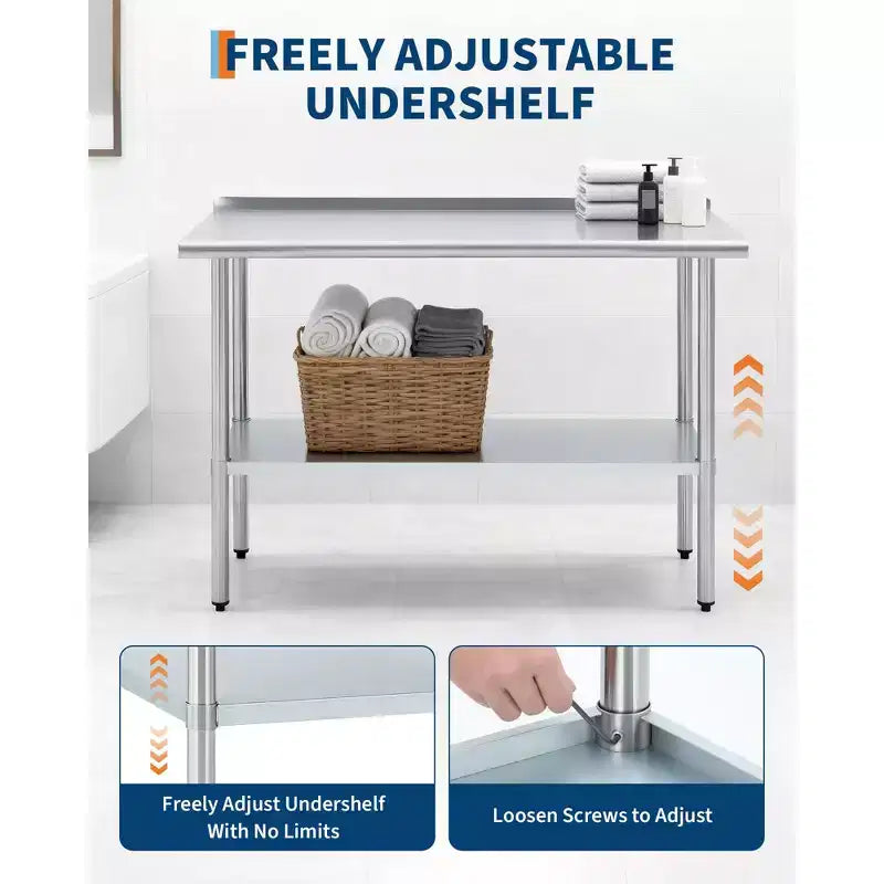Table de travail en acier inoxydable avec crédence et étagère réglable