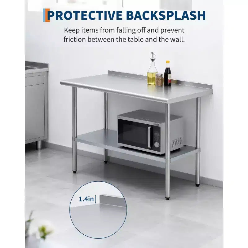 Table de travail en acier inoxydable avec crédence et étagère réglable