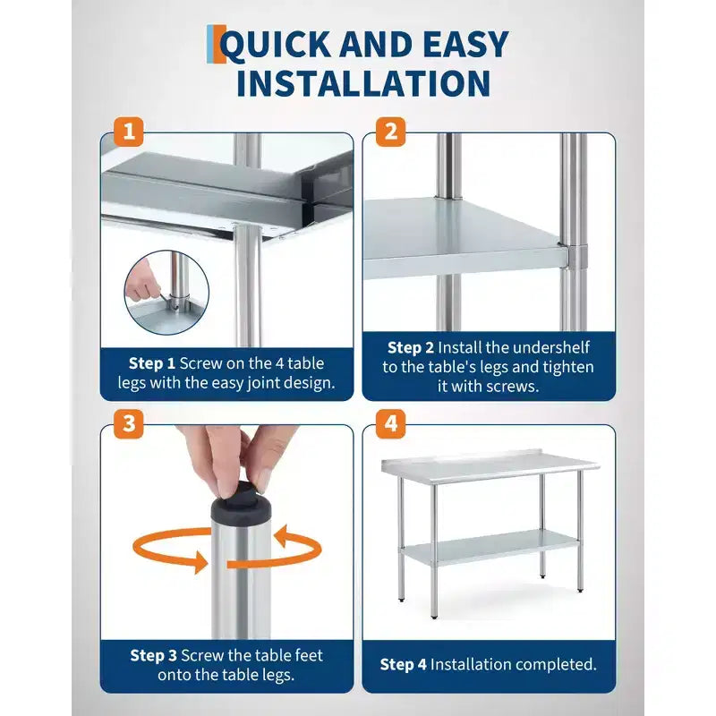 Table de travail en acier inoxydable avec crédence et étagère réglable