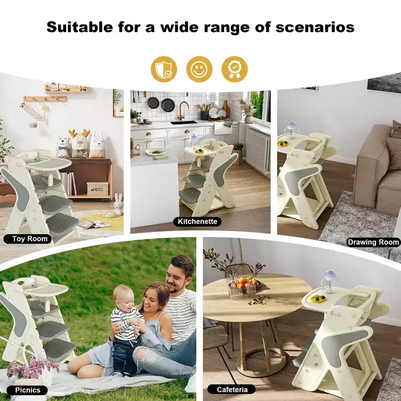 Chaise haute 3-en-1 multifonctionnelle pour tout-petits avec harnais de sécurité et plateau amovible